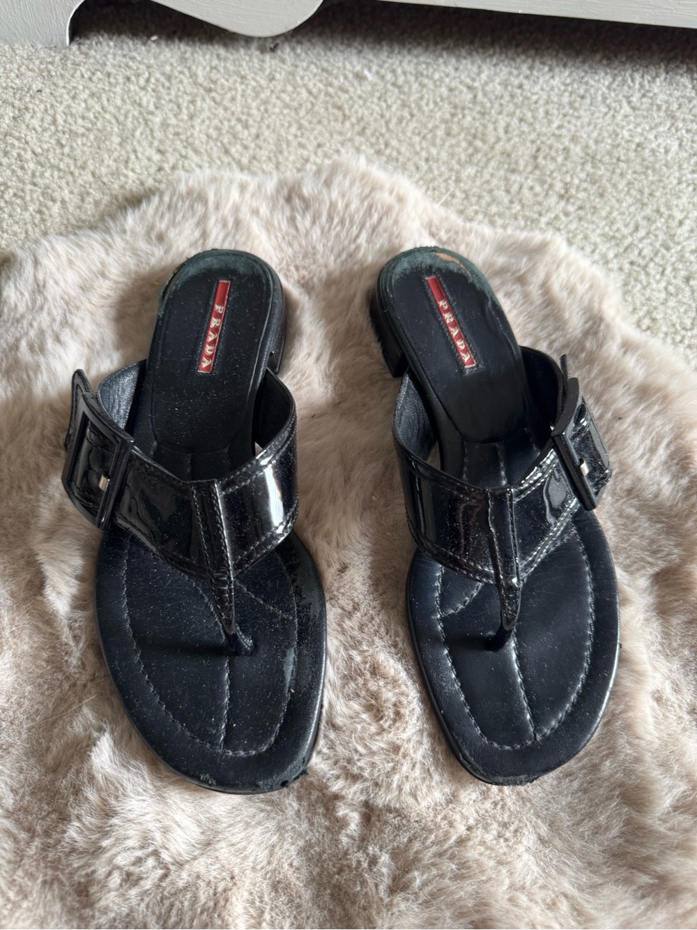 Prada Black Patent Leather Thong Sandals with Buckle